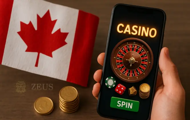 Play minimal deposit casino — phone with roulette and Canada flag