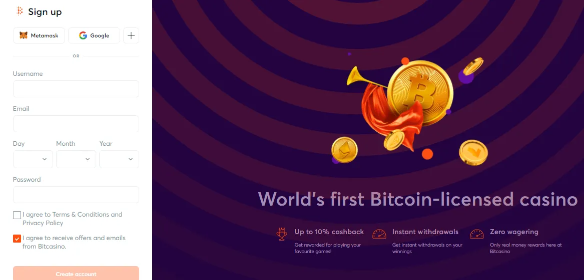 Реєстрація в криптоказино Bitcasino