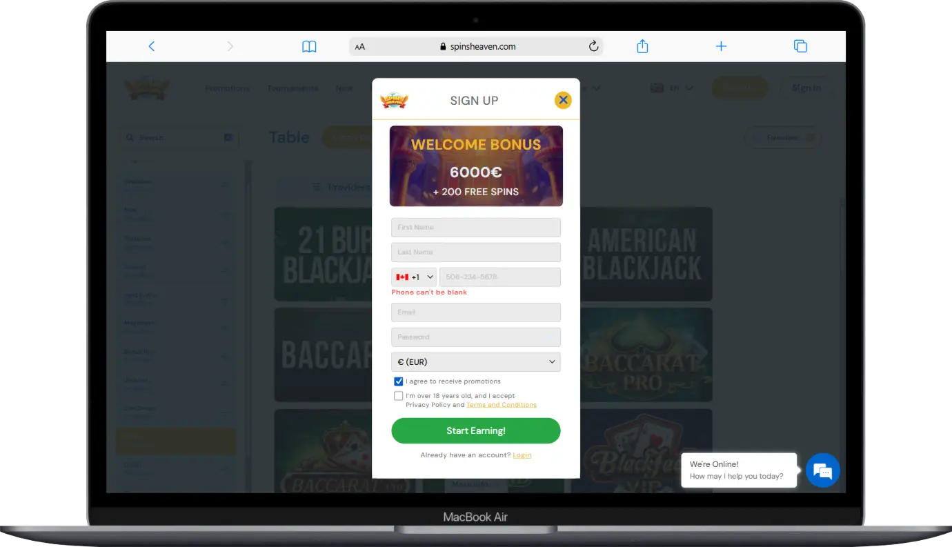 Registration at Spins Heaven screenshot