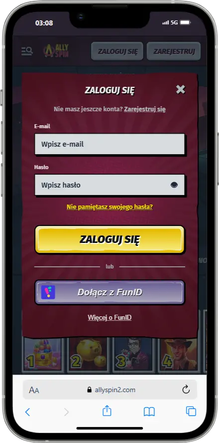 Logowanie do AllySpin Casino zrzut ekranu