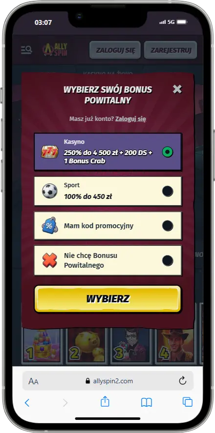 Rejestracja w AllySpin zrzut ekranu