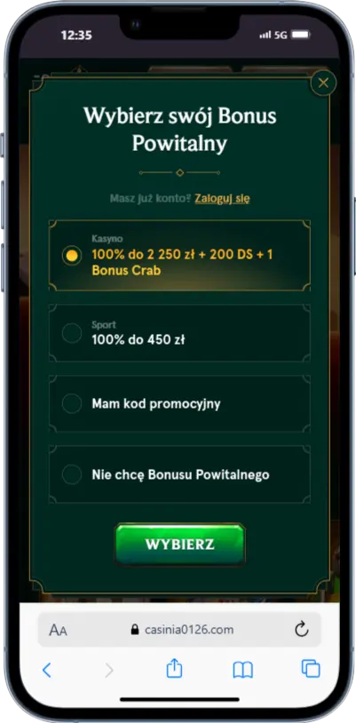 Rejestracja w Casinia zrzut ekranu