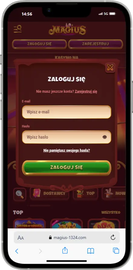 Logowanie do kasyna Magius zrzut ekranu