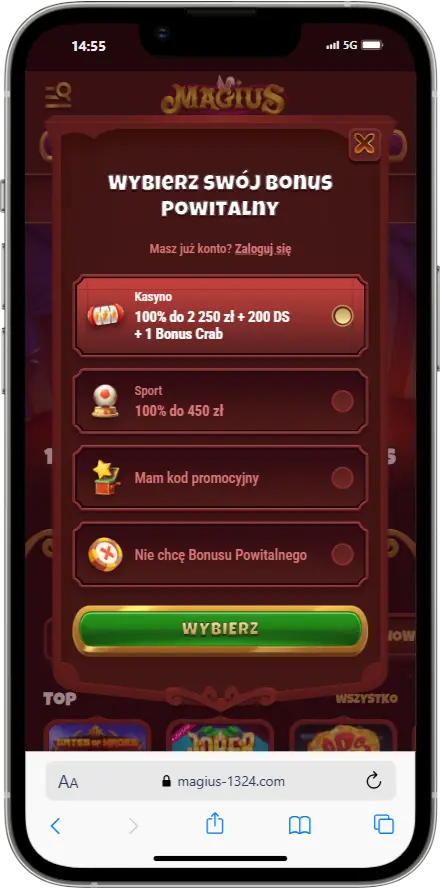 rejestracja w Magius Casino zrzut ekranu