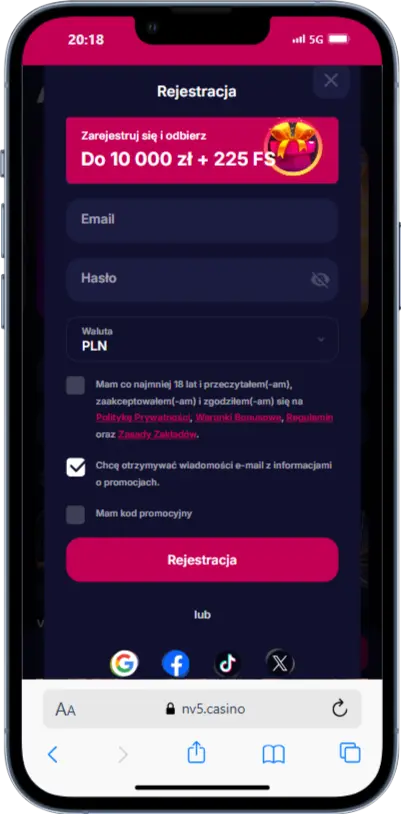 Rejestracja w NV Casino zrzut ekranu
