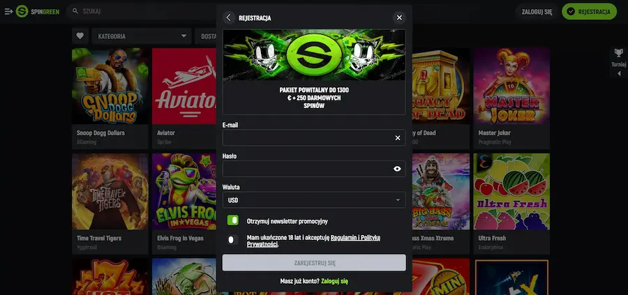 Rejestracja w SpinGreen Casino zrzut ekranu