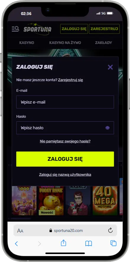 Logowanie do kasyna Sportuna zrzut ekranu