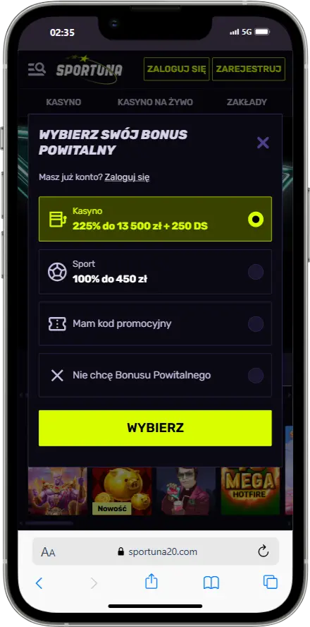 Rejestracja w Sportuna Casino zrzut ekranu