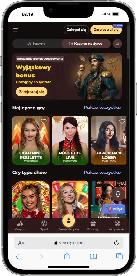 Kasyno na żywo Vincispin zrzut ekranu
