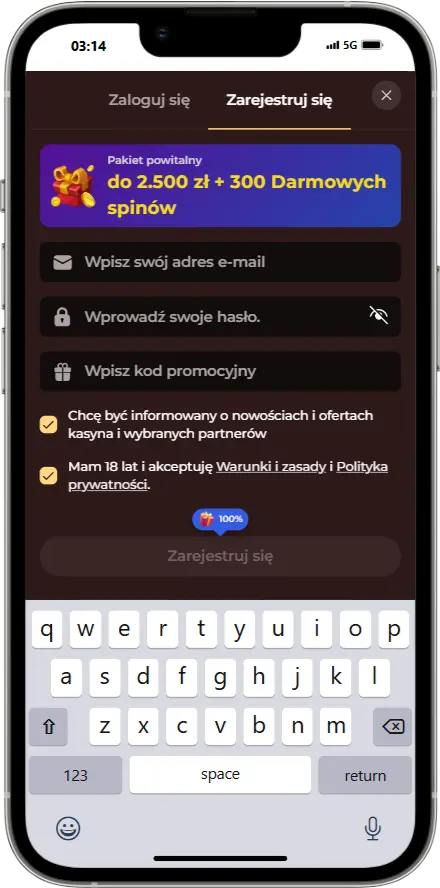 Rejestracja w kasynie Vincispin zrzut ekranu