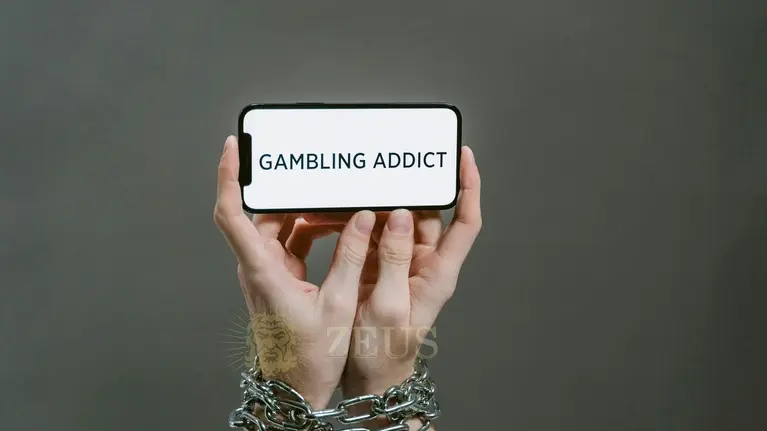 Руки в наручниках держат телефон с надписью Gambling Addict
