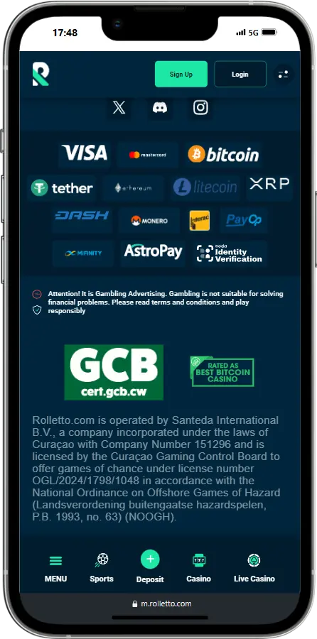 Rolletto Casino Payment Methods Screenshot