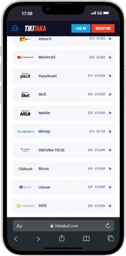 Screenshot of Tikitaka's Payment Methods Section