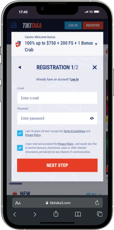 Screenshot of Tikitaka's Sign Up Section