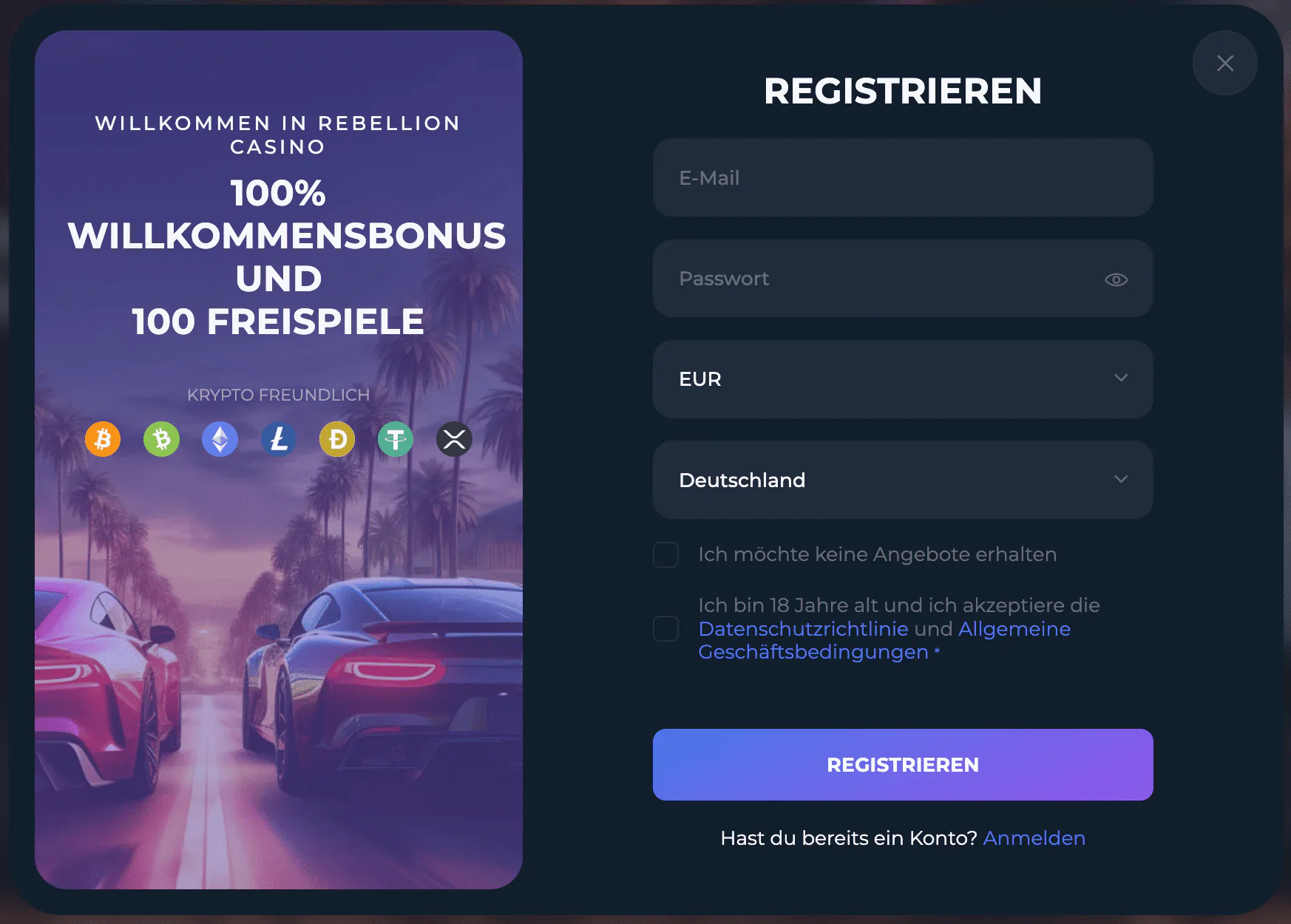 Registrierung im Rebellion Casino