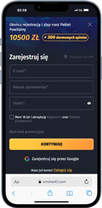 Rejestracja w kasynie Winshark